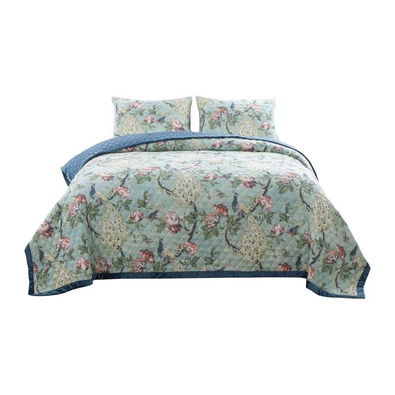 Blue and Green Reversible Microfiber Queen Quilt Set