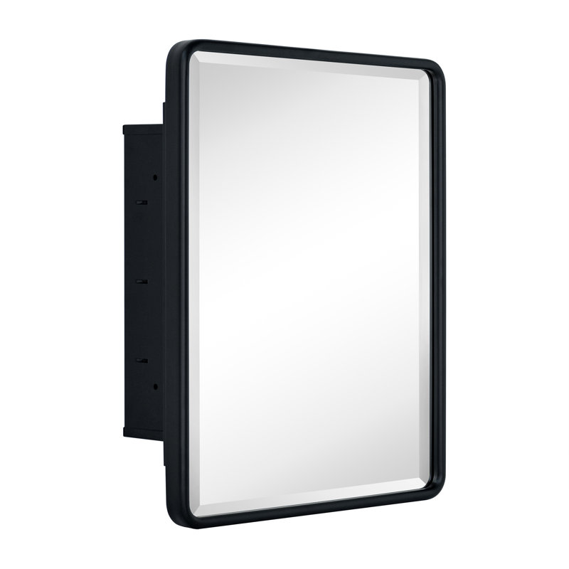 Farmhouse Recessed Metal Bathroom Medicine Cabinets with Mirror with Adjustable Tempered Glass Shelves, Black, 18" H x 14" W
