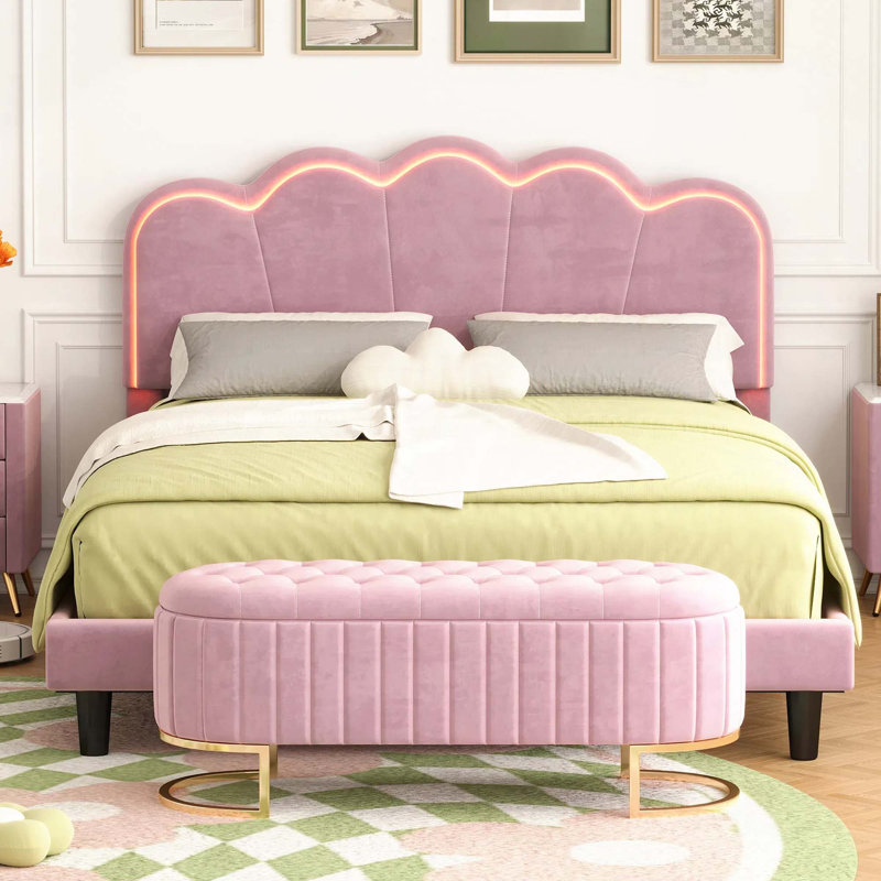 Ensemble de chambre à coucher 2 pièces lit plateforme tapissier avec repose-pieds en velours, Grand lit