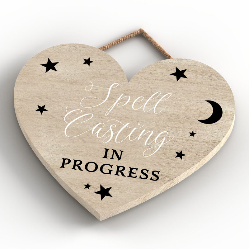 Witch Spell Casting Wooden Heart Plaque, Brown, 16cm H x 17cm W x 0.9cm D