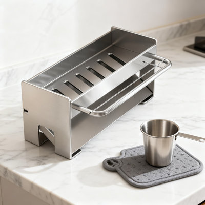 Porte-ustensiles d'évier et support de séchage, plateau autodrainant compact avec support en chiffon pour éponges et brosses de cuisine, conception peu encombrante