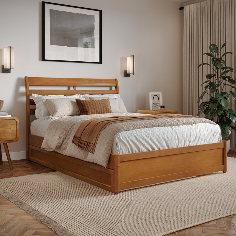 Lit plateforme en bois massif Lamareon avec pied de lit et lit gigogne, Double, Caramel clair