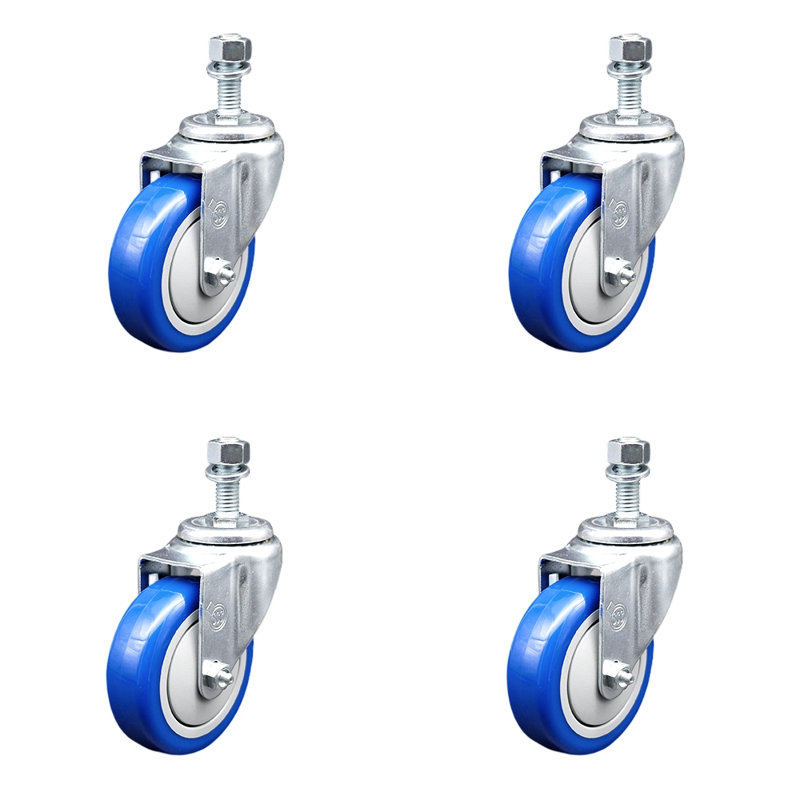 4 Inch_Polyurethane Wheel Swivel 12mm Threaded Stem Caster Set SCC, Blue