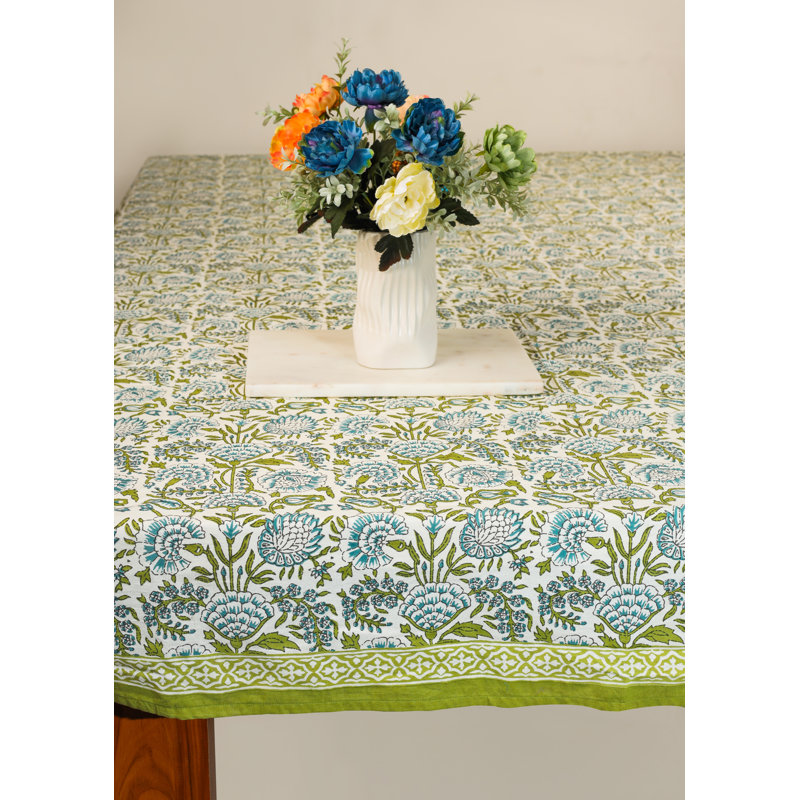Fresh Foliage Block Print Cotton Tablecloth