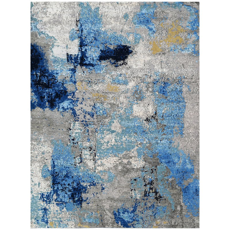 Tapis bleu / gris de haute qualité noué à la main, Rectangle 9 pi x 12 pi
