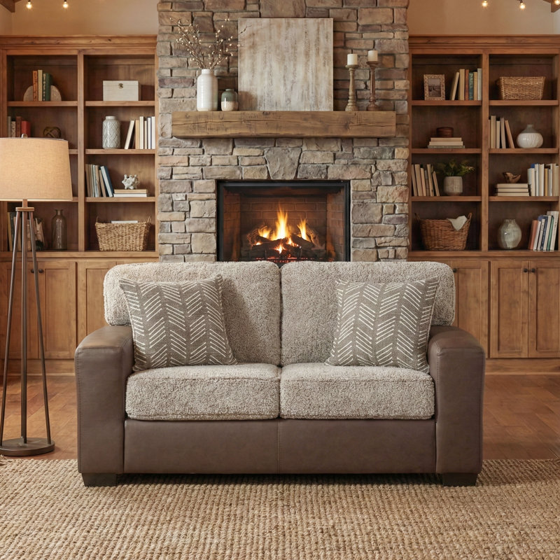 Roundhill Furniture Marvella Living Room Loveseat with Chocolate Faux Leather Upholstery and Curly Shearling Cushions
