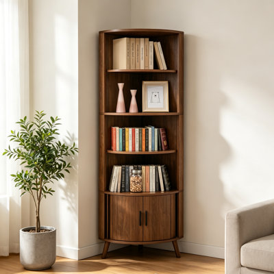 Bibliothèque de coin en bois à 4 niveaux avec armoire coulissante à double porte, tablette de coin incurvée de 90 degrés de hauteur et 66,73 po de hauteur, bibliothèque de présentation autoportante pour le salon