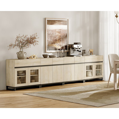 Buffet 4 en 1 avec portes en verre et 2 tiroirs, crédence moderne avec tablette réglable et base en métal, armoire de rangement pour bar et salon, cuisine