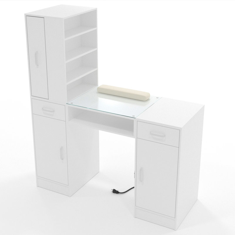 Table de manucure avec tiroirs et tablettes de rangement, bureau à clous avec plateau en verre, coussin de poignet et prise de courant