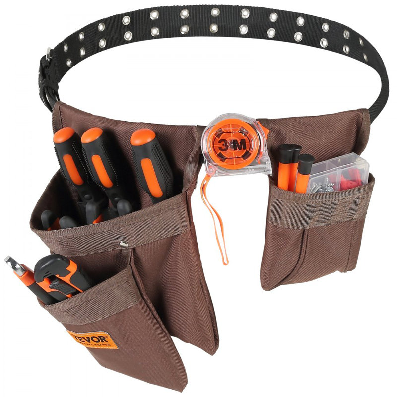 Ceinture à outils, réglable de 29 à 54 pouces, sac à outils en polyester robuste, sac à outils amovible pour électricien, charpentier, homme à tout faire, menuisier, construction, encadreur, brun
