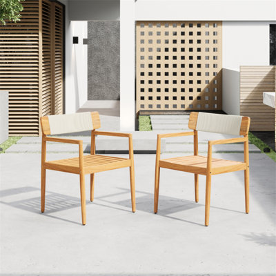 Ensemble de meubles de patio 4 pièces, chaises de salle à manger d'extérieur en bois d'acacia tressé avec accoudoirs, aspect teck et corde blanche, jardin, cour, piscine et loisirs toutes saisons