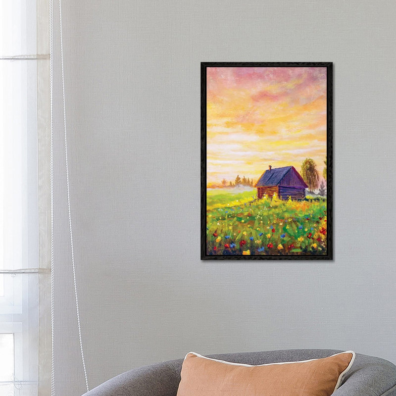 Old Rural House On Field Flowers by Valery Rybakow - Painting on Canvas, 66.04cm H x 45.72cm W x 3.81cm D, Black Framed