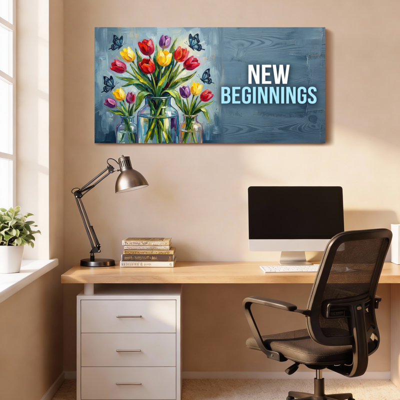 Tableau sur toile tendue représentant des tulipes et des papillons, citation inspirante sur les nouveaux départs, idéal pour décorer un salon, une chambre ou un bureau.