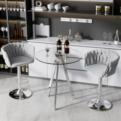 3 Piece Bar Height Set-Tempered Glass Round Table and 360°Fabric Pedestal Bar Stool (Set of 3) by Ivy Bronx