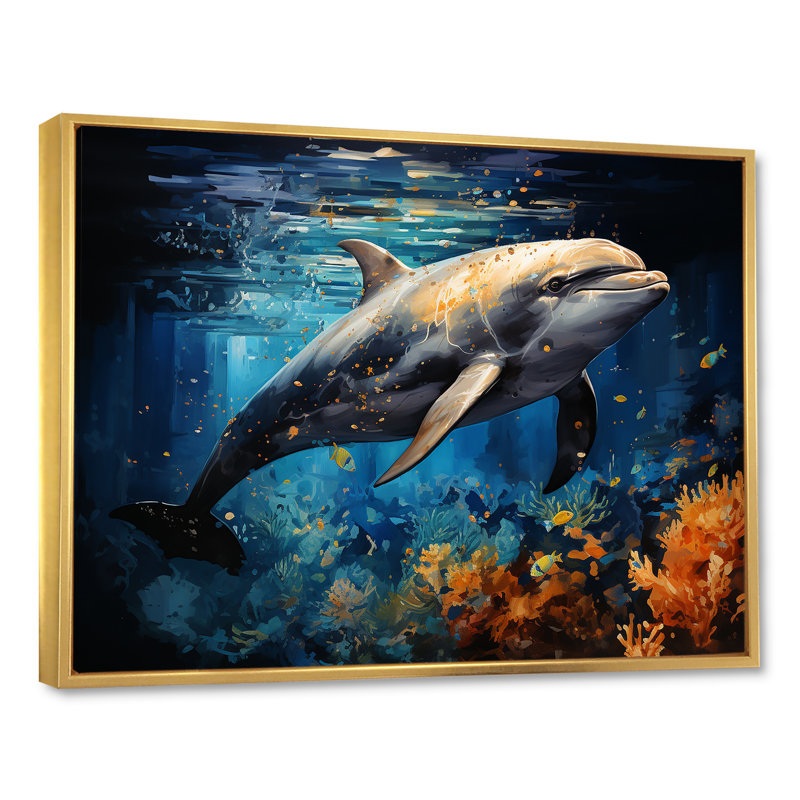 «Dolphin Odyssey» sur toile, H 24 po x l 32 po x P 1 po, Cadre flottant doré
