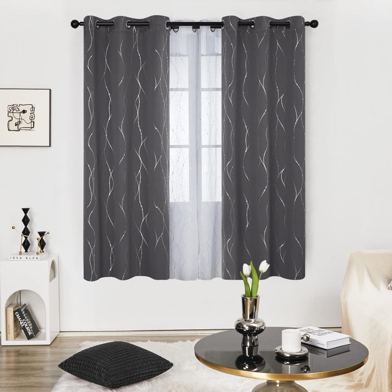 Blackout Grommet Silver Pattern Printed Curtains, , 38" W x 45" L, Gray/Silver