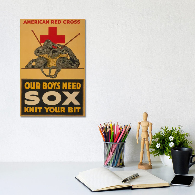 Our Boys Need Sox - Knit Your Bit American Red Cross Vintage Poster - Wrapped Canvas Print, 20.32 cm H x 30.48 cm W