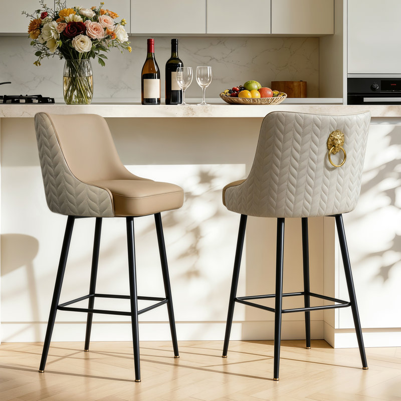 Bar Stool Upholstered Counter Height Bar Stool With Lion Knocker Breakfast Swivel Bar Chair For Kitchen Island, Cream, 2