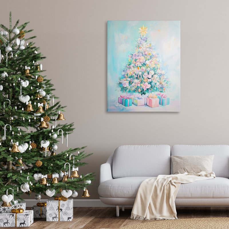 Arbre de Noël pastel sur toile bleue, design par Arlington Prints, H 48 po x l 36 po