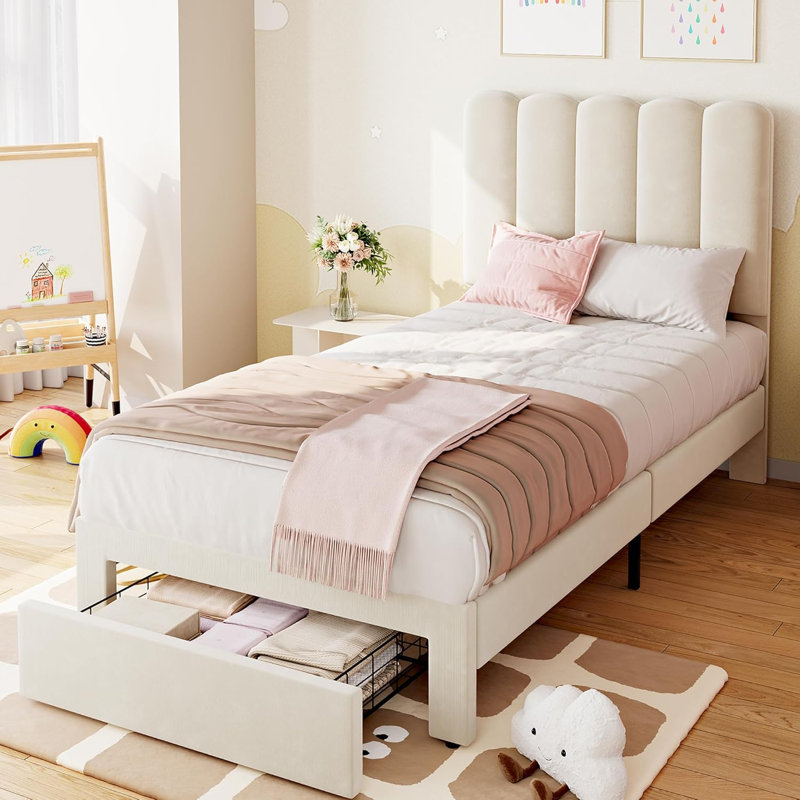 Structure de lit simple avec tiroir de rangement et tête de lit, structure de lit plateforme tapissier en velours pour filles, support de lattes en bois robuste, silencieux et facile à assembler (beige)