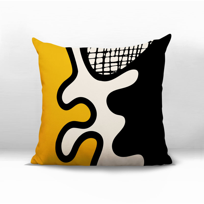 Oreiller carré réversible intérieur / extérieur Vido, H 19 po x l 19 po, Jaune / noir / blanc cassé abstrait