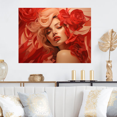 «Red Fashionable Woman with Red Flowers II» - art mural en métal à la mode MT133316