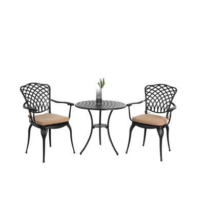 Ensemble bistro 3 pièces pour terrasse et ensemble bistro en fonte d'aluminium avec trou pour parasol, ensemble bistro toutes saisons en métal, ensemble de mobilier d'extérieur pour le jardin noir avec coussin