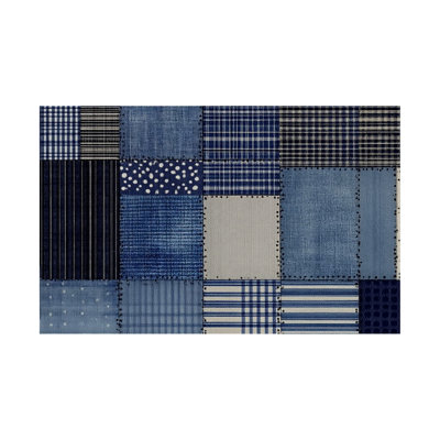 Patchwork Denim Blue Plaid Polka Dot Tablecloth Scalloped 60" x 120" for Farmhouse Dinner