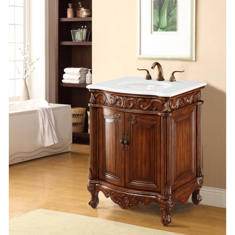 Lunette 27'' Single Bathroom Vanity with Top, Teak, Ivory White