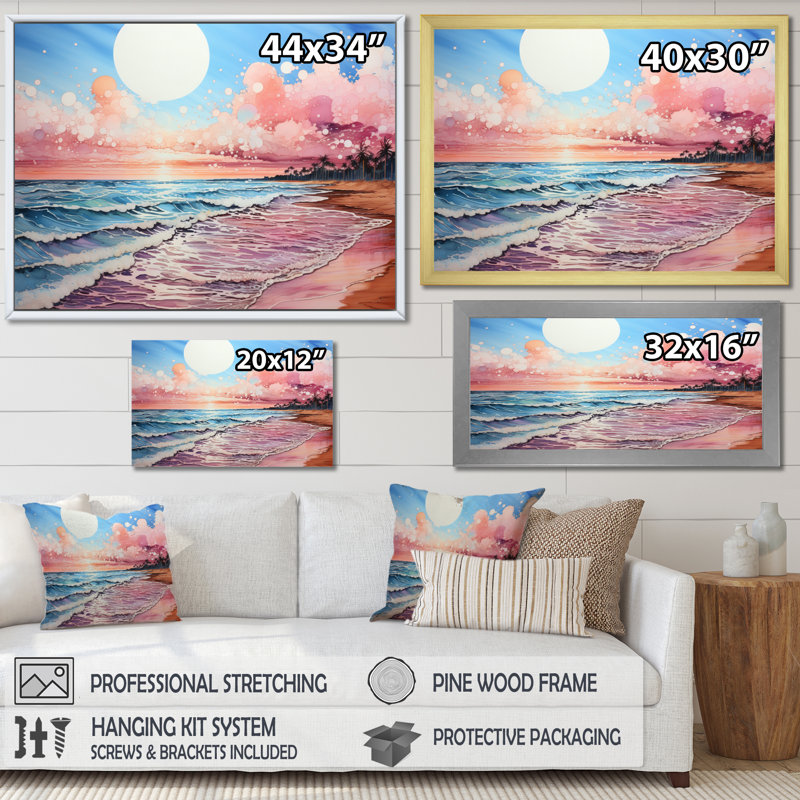 Paysage de plage pêche - impression, H 34 po x l 44 po x P 1,5 po, Cadre flottant noir