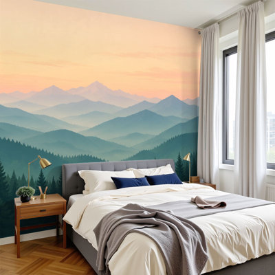 Peel and Stick Wallpaper Wall Mural Minimalist Layered Mountain Landscape Pine Forest Wall Art Self Adhesive and Removable
