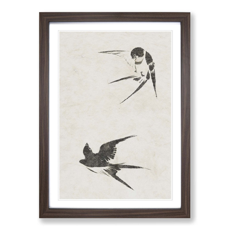 Two Swallows by Sakai Hoitsu - Picture Frame Painting Print on MDF, Walnut Framed, 36cm H x 27cm W x 2cm D