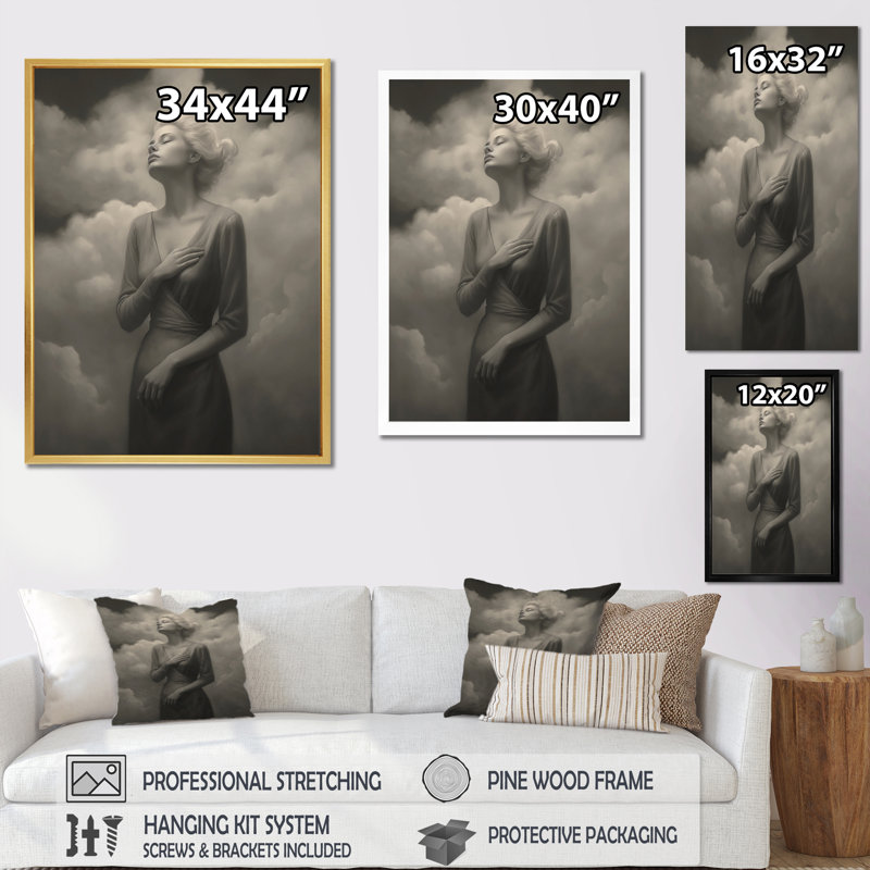 Noir sur blanc, silhouettes surréelles: sur toile, H 20 po x l 12 po x P 1 po, Cadre flottant doré
