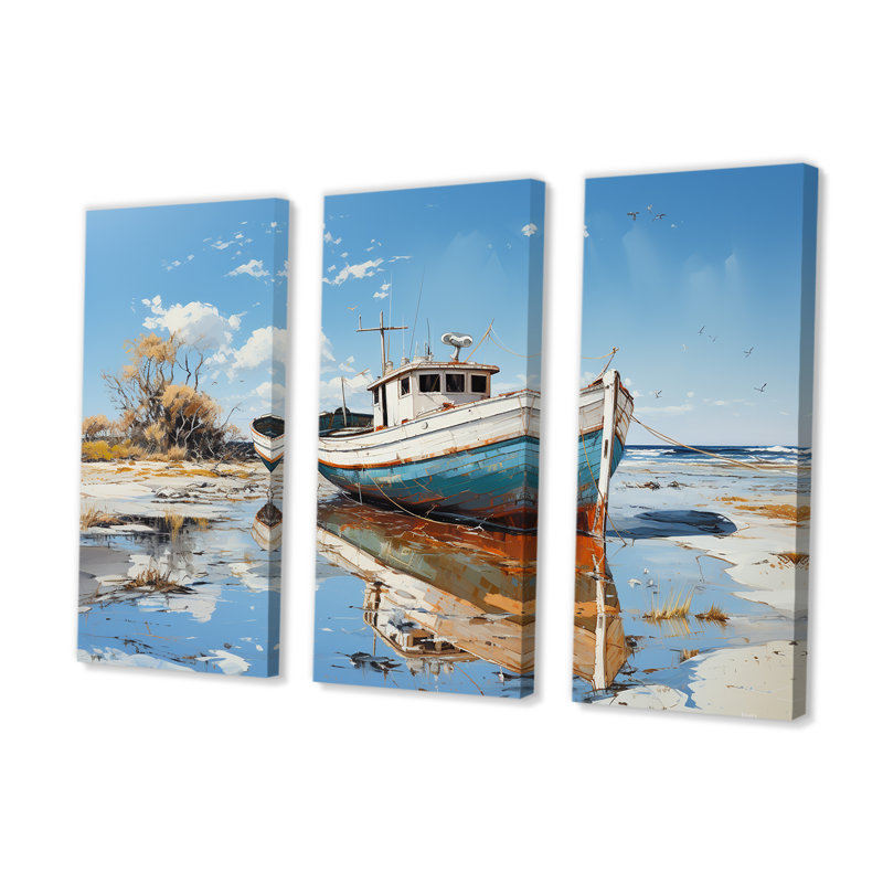 «Blue and White Boat Scenery» - ensemble d'art mural bateau côtier, H 40 po x l 60 po x P 1 po