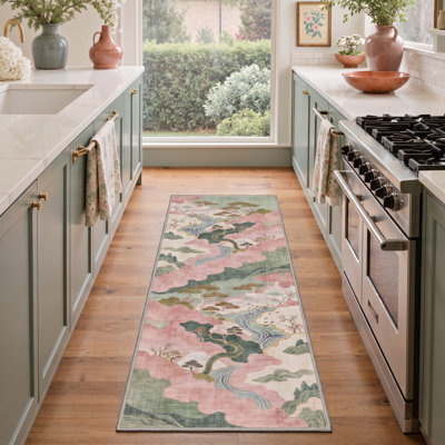 Ascentia Chinoiserie Oriental Landscape Scenery Washable Area Rug with Non-Slip Backing