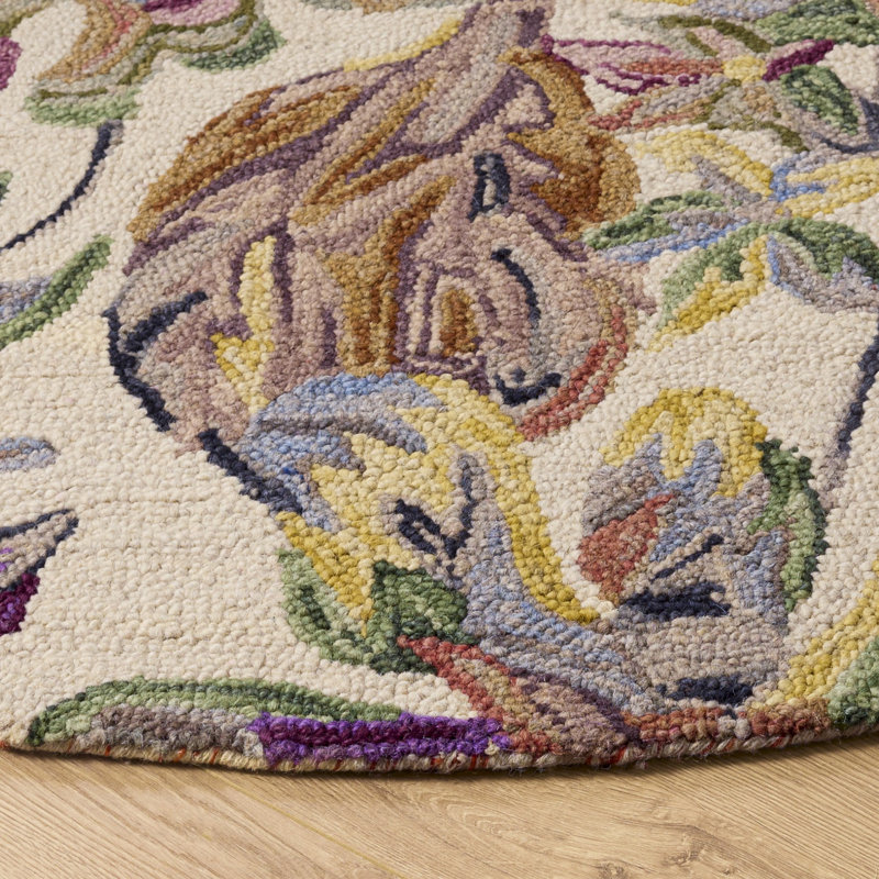 Alcindor Floral Hand Tufted Wool/Cotton Area Rug in Ivory/Plum, Round 6'