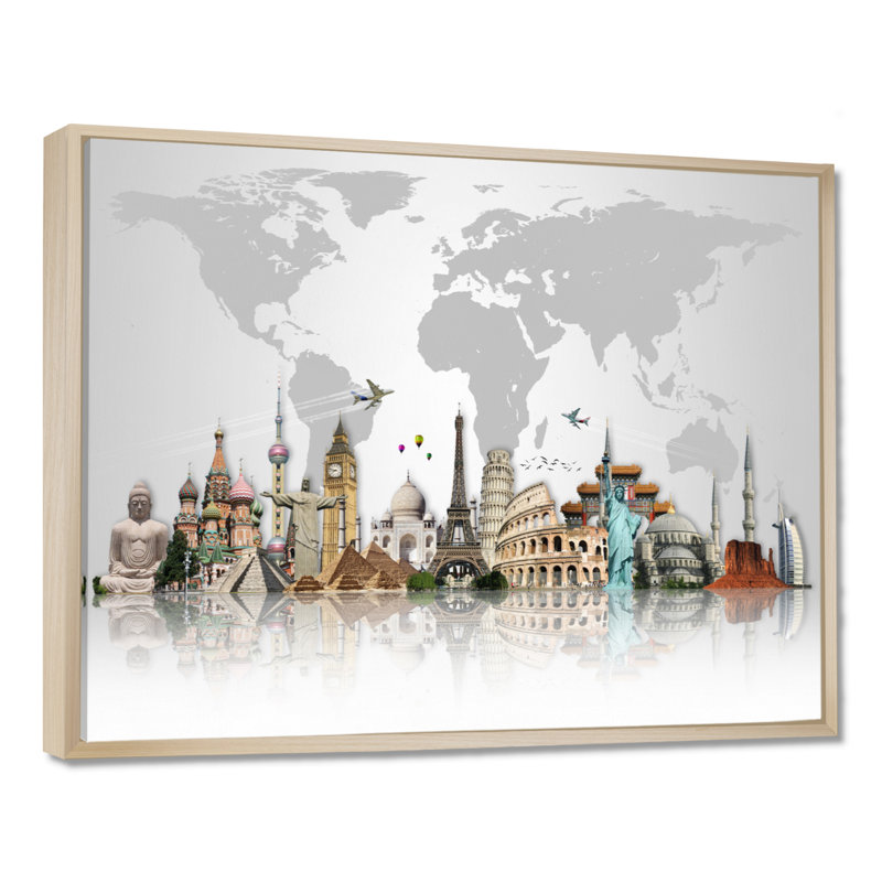 « Famous Monuments Across World », reproduction d'art graphique, H 16 po x l 32 po, Reproduction avec cadre flottant, Érable