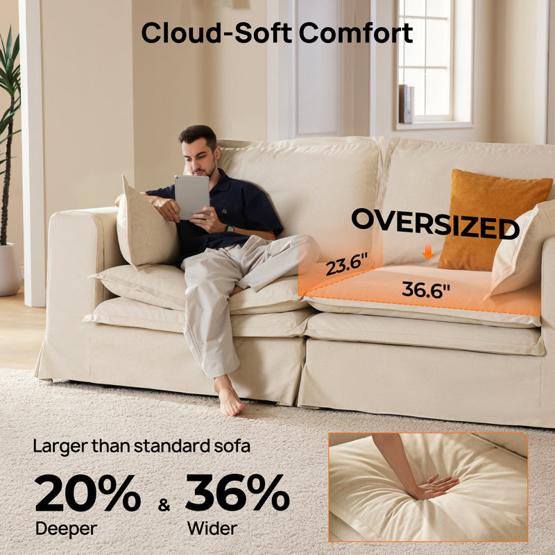 L-shaped Oversized Enveloping Feel Double-decker Loveseat Sofa With A Storage Ottoman, Beige