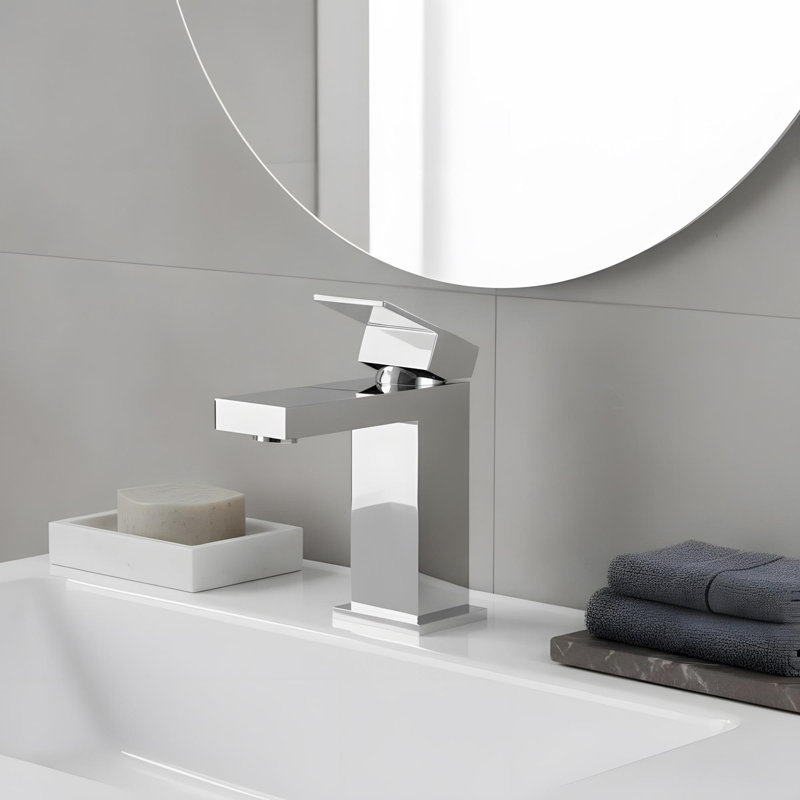 Square Bathroom Sink Faucet with Single Handle and Pop-Up Drain Assembly, Chrome