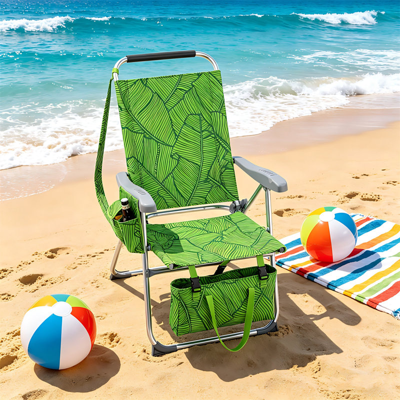 16.5" Seat Height 7-Position Adjustable Aluminum Beach Chair For Adults, Folding Portable With Headrest, Cup Holder & Multiple Storage Pockets, 265 LBS Weight Capacity, Summer Palm Print Oxford Fabric For Beach, Patio & Pool