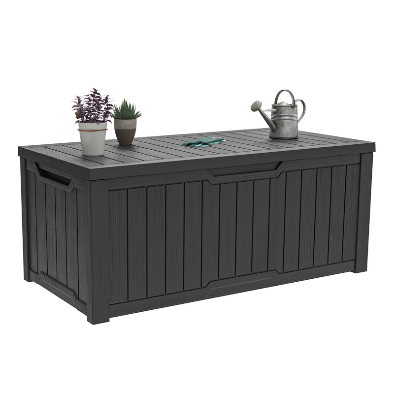 Coffre de terrasse Quartey 120 gallons en résine avec mécanisme de fermeture en douceur et serrure, gris
