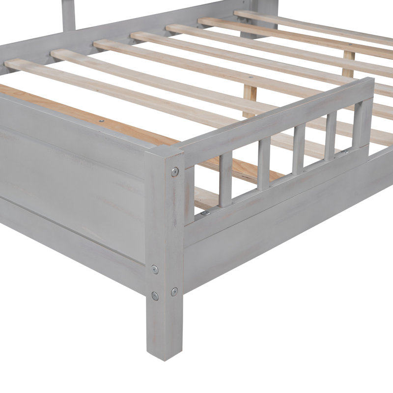 Lit plateforme double en bois avec éclairage à DEL intégré, tête de lit avec rangement et garde-corps, Gris antique