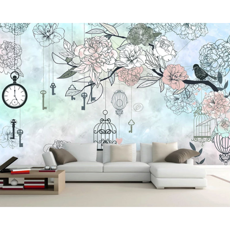 Adhésif mural fleurs, clés, cages, oiseaux, l 75 po x L 49 po