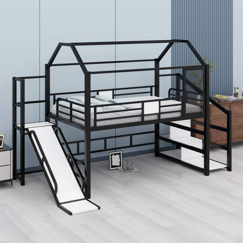 Metal House Loft Bed With Slide，Stairs And Storage Shelves, Black