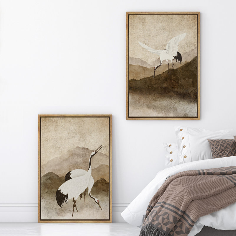 «Cranes Forage On The Mountain», reproduction d'art sur toile encadrée brune, Naturel, H 36 po x l 24 po