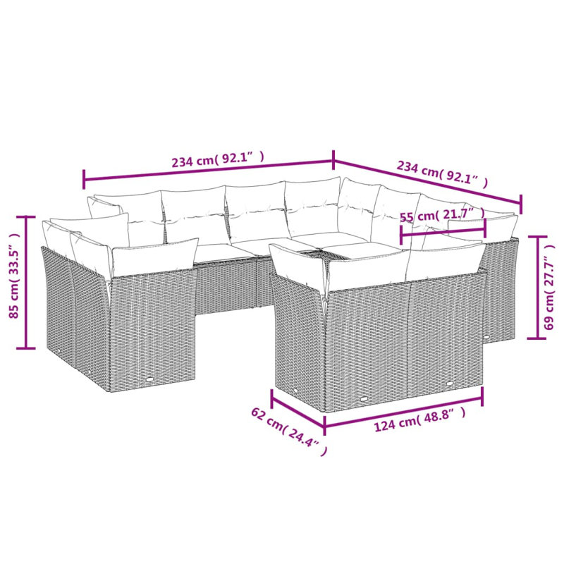 12 Piece Patio Sofa Set With Cushions Black Poly Rattan, Dark Blue Cushion/Gray Frame