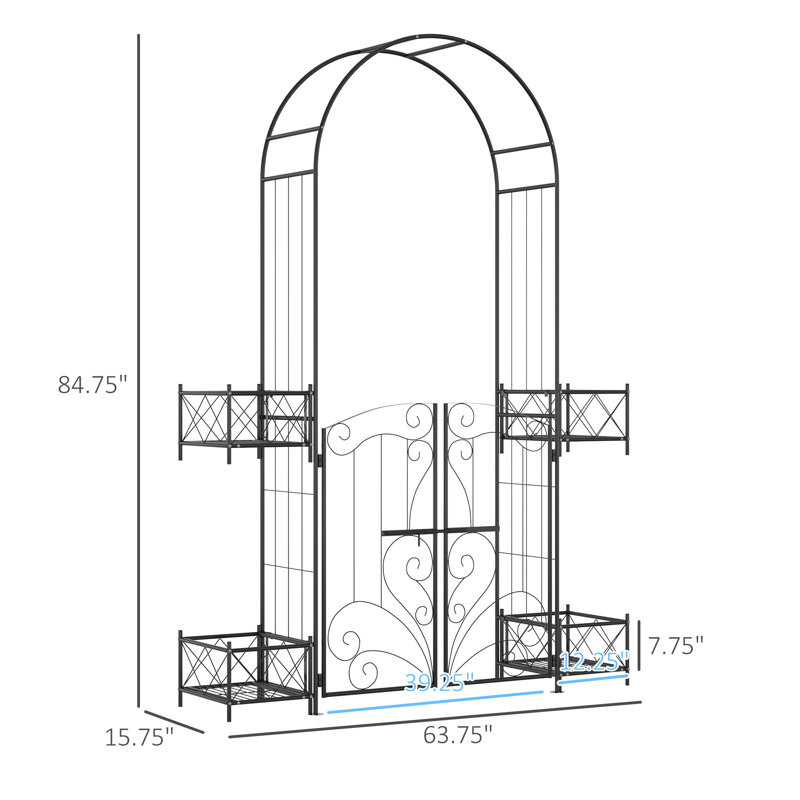 Black Metal Garden Arbor with Scrollwork Hearts and Planter Boxes