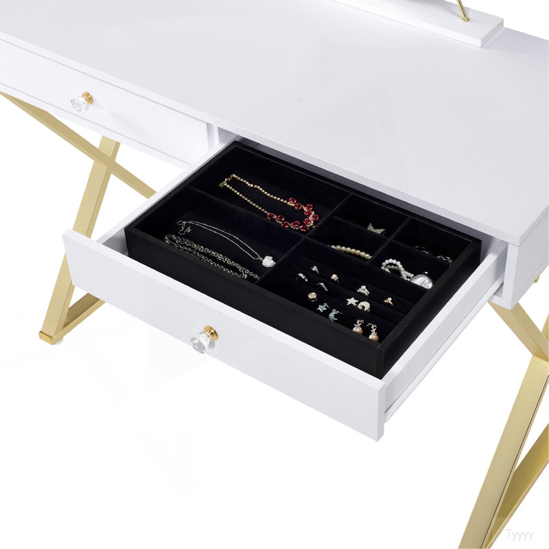 Bureau de coiffeuse rectangulaire avec miroir et plateau à bijoux, blanc et doré