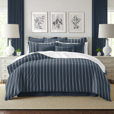 Shay Broad Ticking Stripe Dark Denim Cotton Coverlet Set  8 Piece