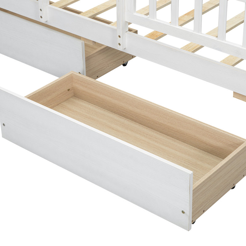 Lit simple en bois massif avec DEL intégrée, garde-corps, tête de lit multifonctionnelle et 2 tablettes à tiroirs de couleur blanche avec tête de lit et armoires de garde-corps